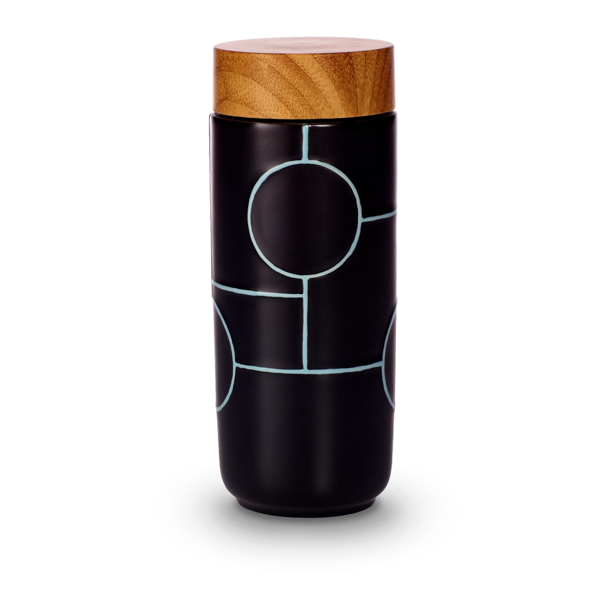 The Dream Tumbler featuring a stylish ceramic design with tourmaline lining, showcasing its elegant walnut wood effect lid.