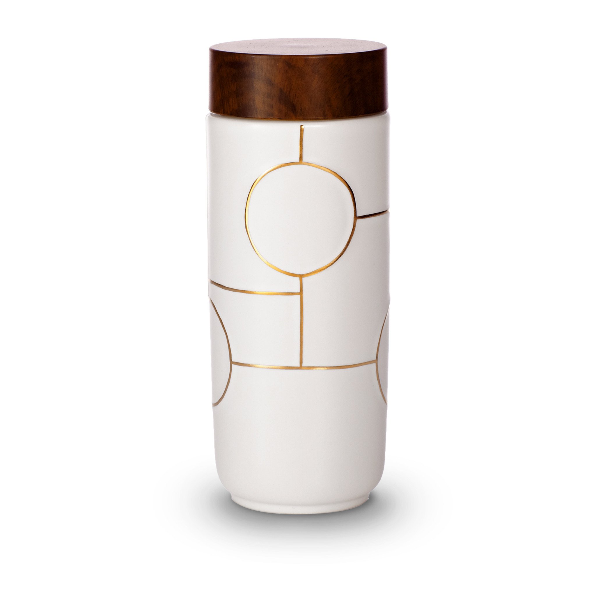 The Dream Tumbler featuring a stylish ceramic design with tourmaline lining, showcasing its elegant walnut wood effect lid.