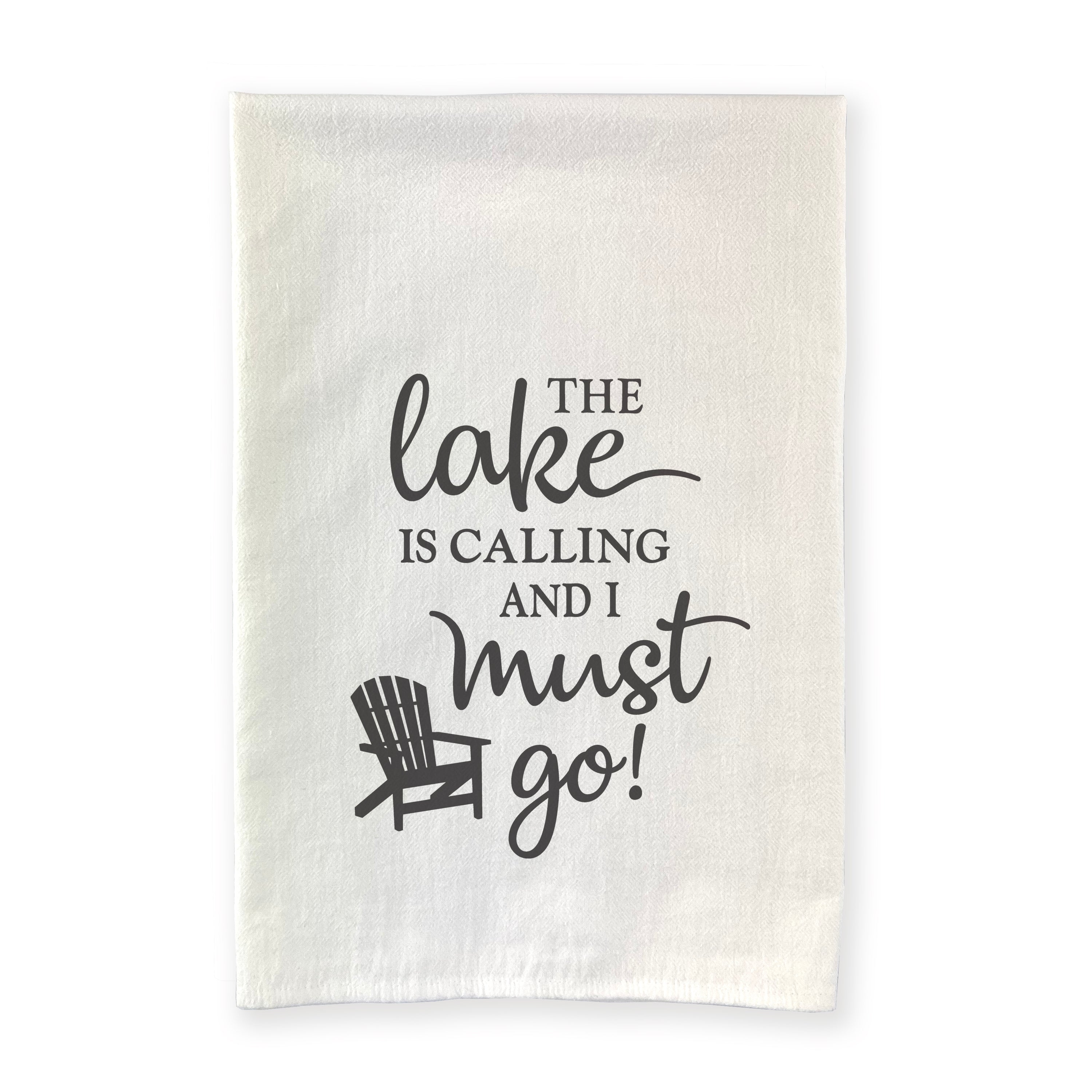 The Lake is Calling cotton tea towel featuring vibrant water-based ink design, perfect for kitchen use.