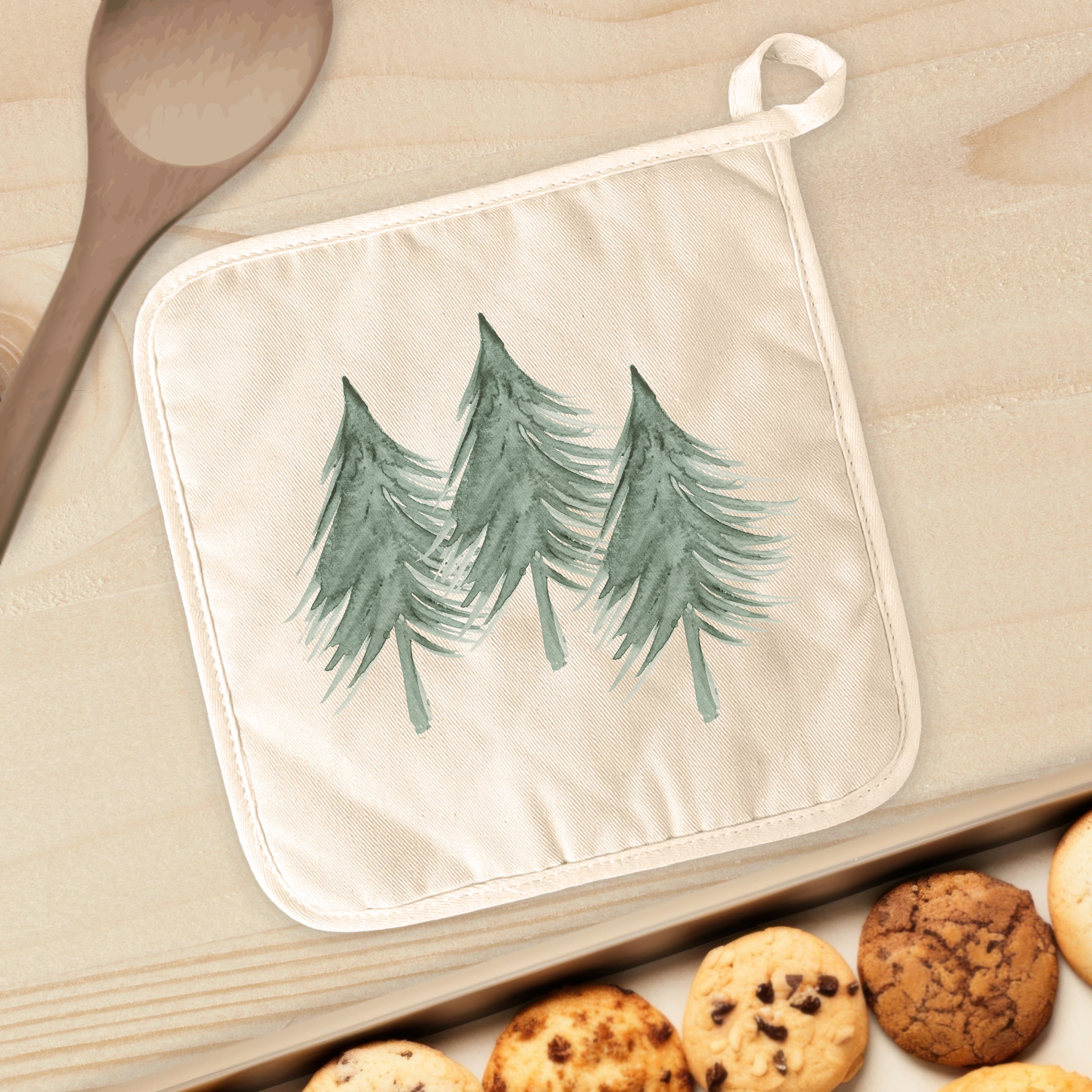 Three Trees Cotton Pot Holder featuring a natural-color cotton and quilted terry cloth design, perfect for protecting surfaces from hot cookware.