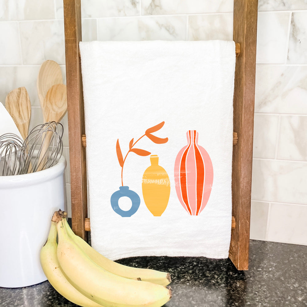 Three Vases cotton tea towel featuring vibrant water-based ink design, perfect for kitchen use.