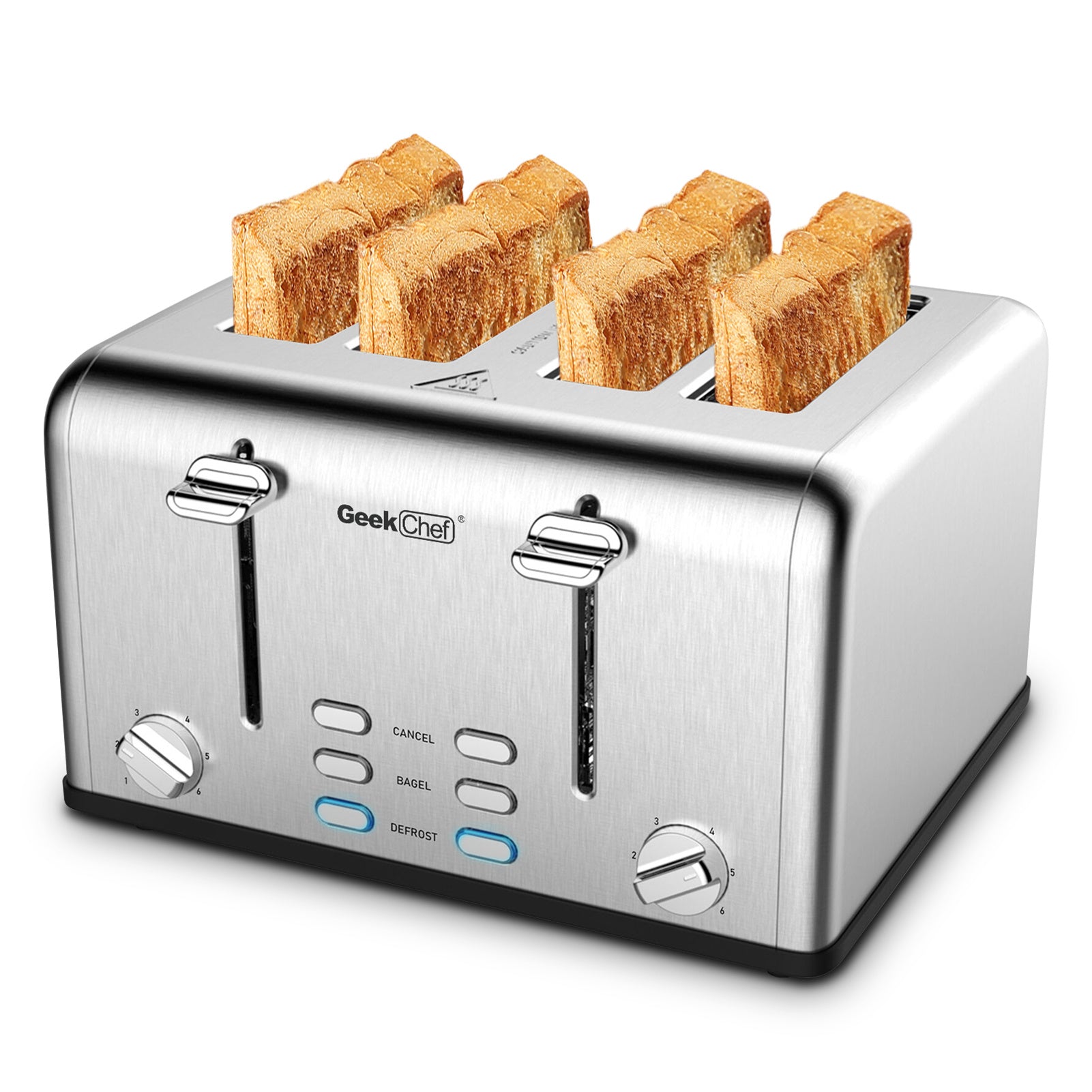 Geek Chef Stainless Steel Extra-Wide Slot Toaster with four slots and dual control panels, ideal for bagels and thick bread.