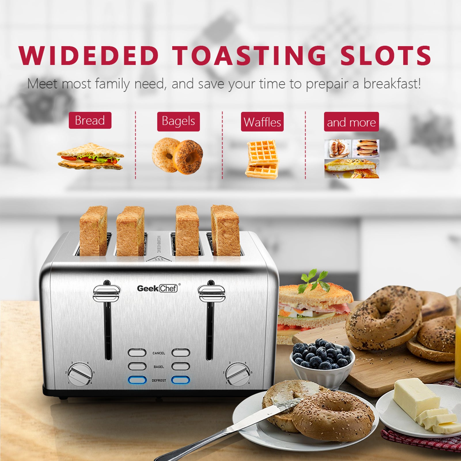 Geek Chef Stainless Steel Extra-Wide Slot Toaster with four slots and dual control panels, ideal for bagels and thick bread.