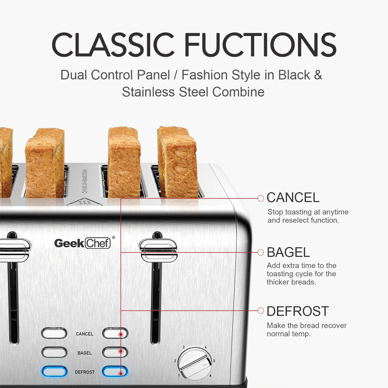 Geek Chef Stainless Steel Extra-Wide Slot Toaster with four slots and dual control panels, ideal for bagels and thick bread.