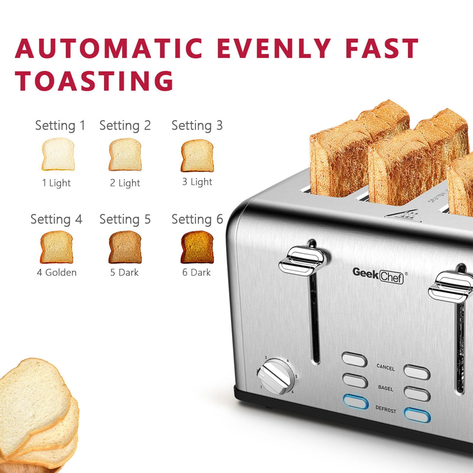 Geek Chef Stainless Steel Extra-Wide Slot Toaster with four slots and dual control panels, ideal for bagels and thick bread.