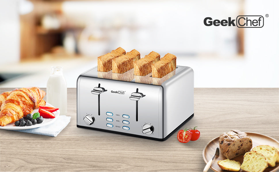 Geek Chef Stainless Steel Extra-Wide Slot Toaster with four slots and dual control panels, ideal for bagels and thick bread.