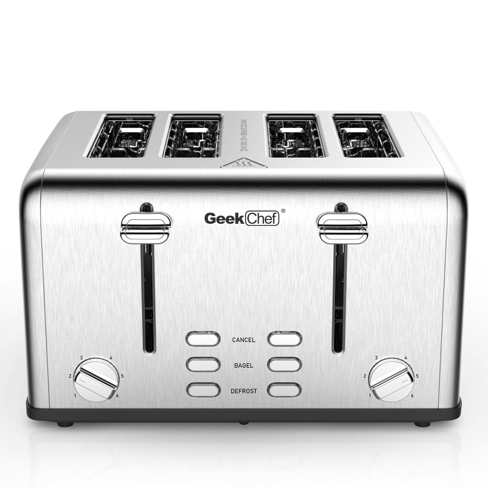 Geek Chef Stainless Steel Extra-Wide Slot Toaster with four slots and dual control panels, ideal for bagels and thick bread.