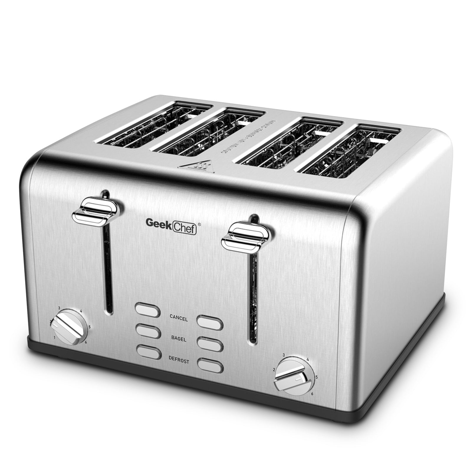 Geek Chef Stainless Steel Extra-Wide Slot Toaster with four slots and dual control panels, ideal for bagels and thick bread.