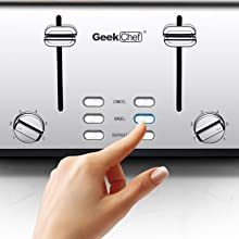 Geek Chef Stainless Steel Extra-Wide Slot Toaster with four slots and dual control panels, ideal for bagels and thick bread.