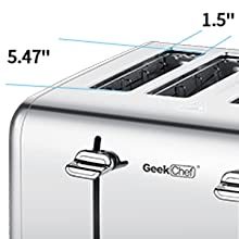 Geek Chef Stainless Steel Extra-Wide Slot Toaster with four slots and dual control panels, ideal for bagels and thick bread.