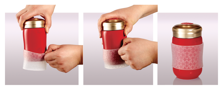 Travel Mug Silicone Sleeve in various colors, showcasing its groove inner surface for heat insulation.