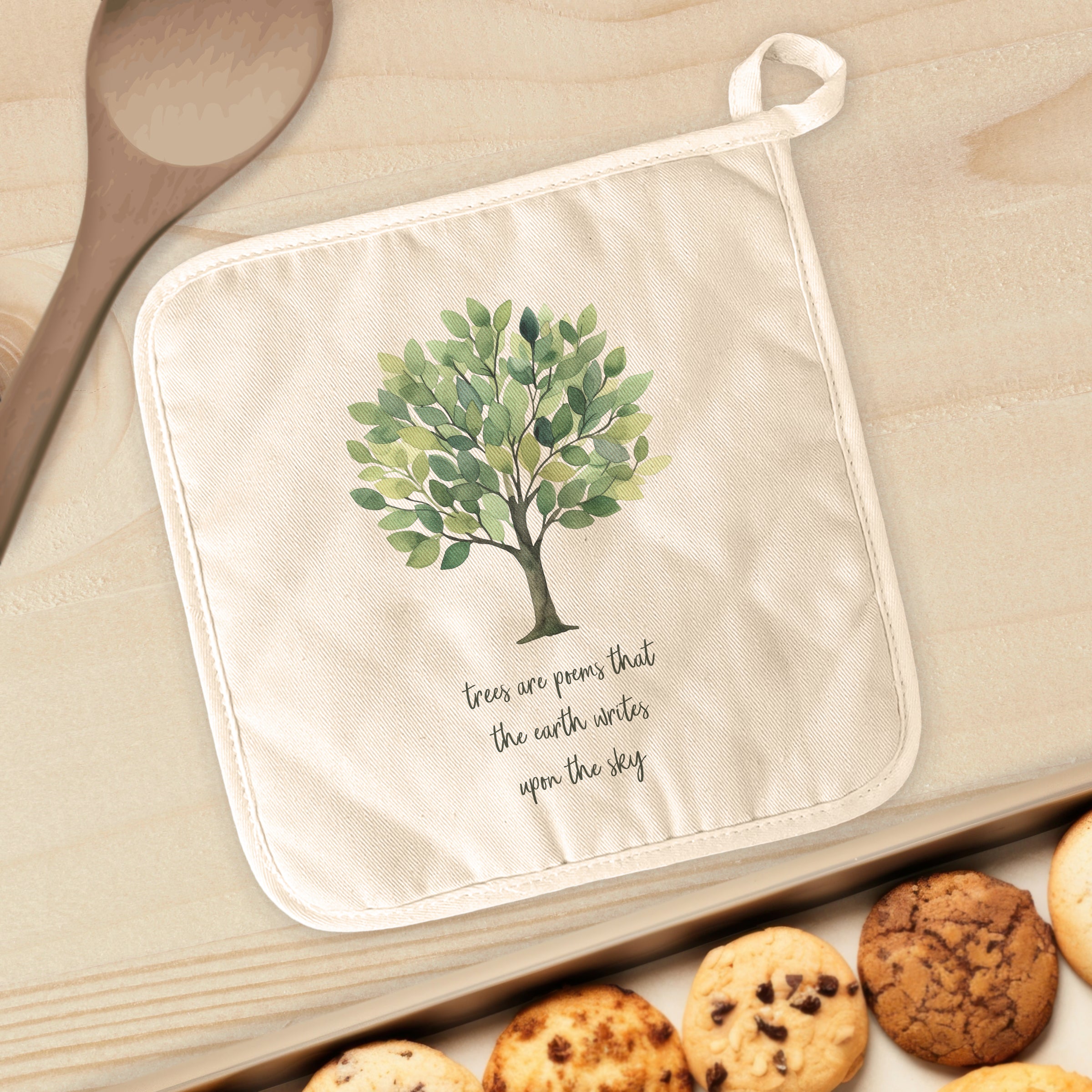 Trees are Poems Cotton Pot Holder featuring vibrant designs and a convenient square shape, ideal for protecting surfaces from hot cookware.