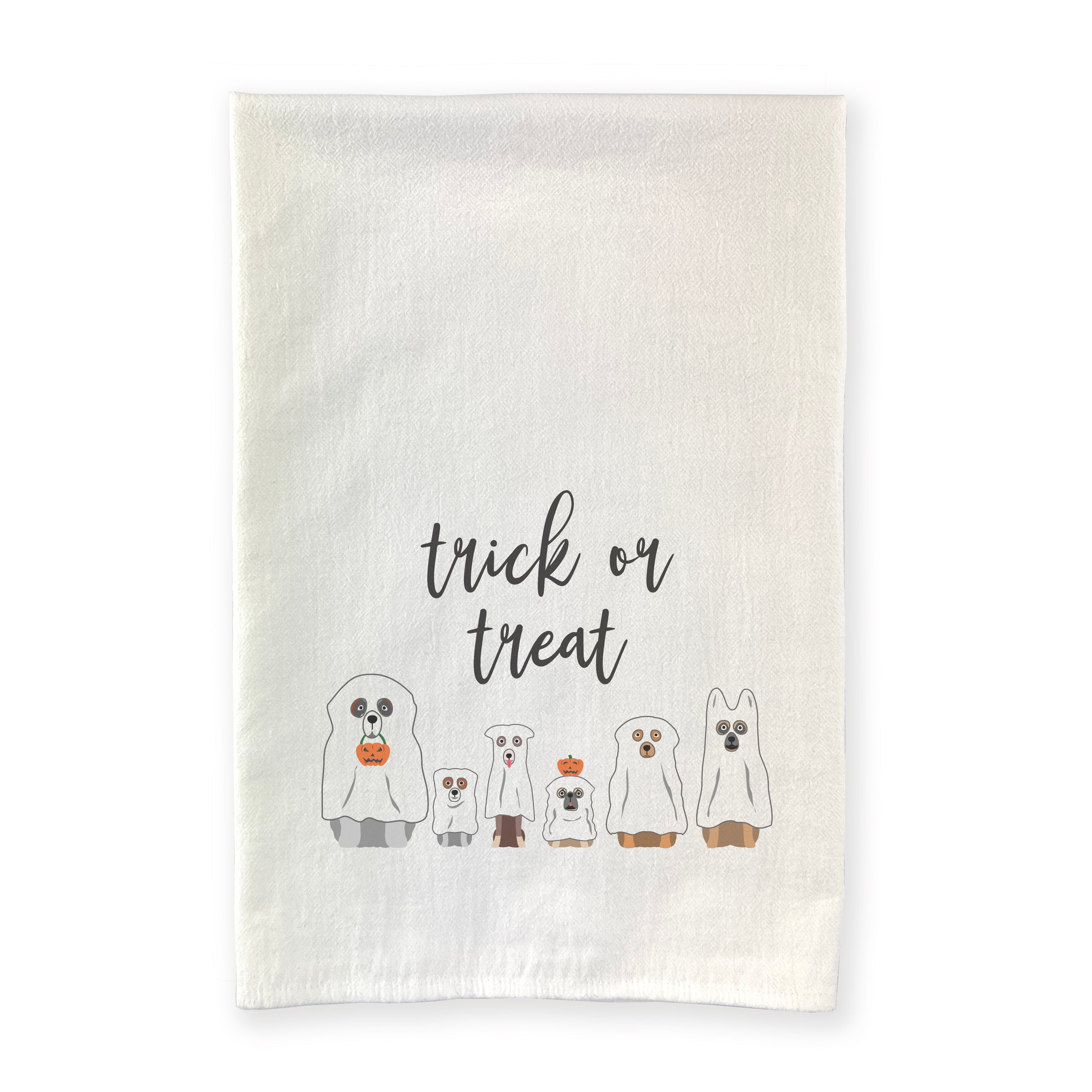 Trick or Treat Dogs Cotton Tea Towel featuring vibrant dog-themed prints, made from 100% absorbent cotton.