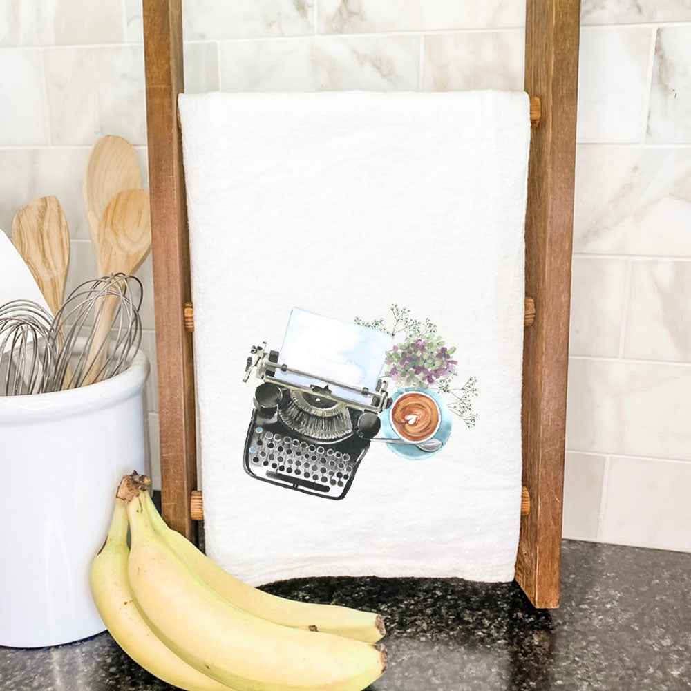 Typewriter Coffee Cotton Tea Towel featuring a vibrant design, made from 100% absorbent cotton, perfect for kitchen use.