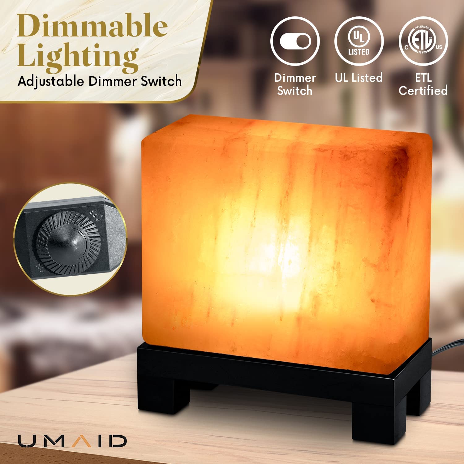 UMAID Authentic Natural Himalayan Salt Lamp, hand-carved with a stylish wood base, emitting a warm glow.