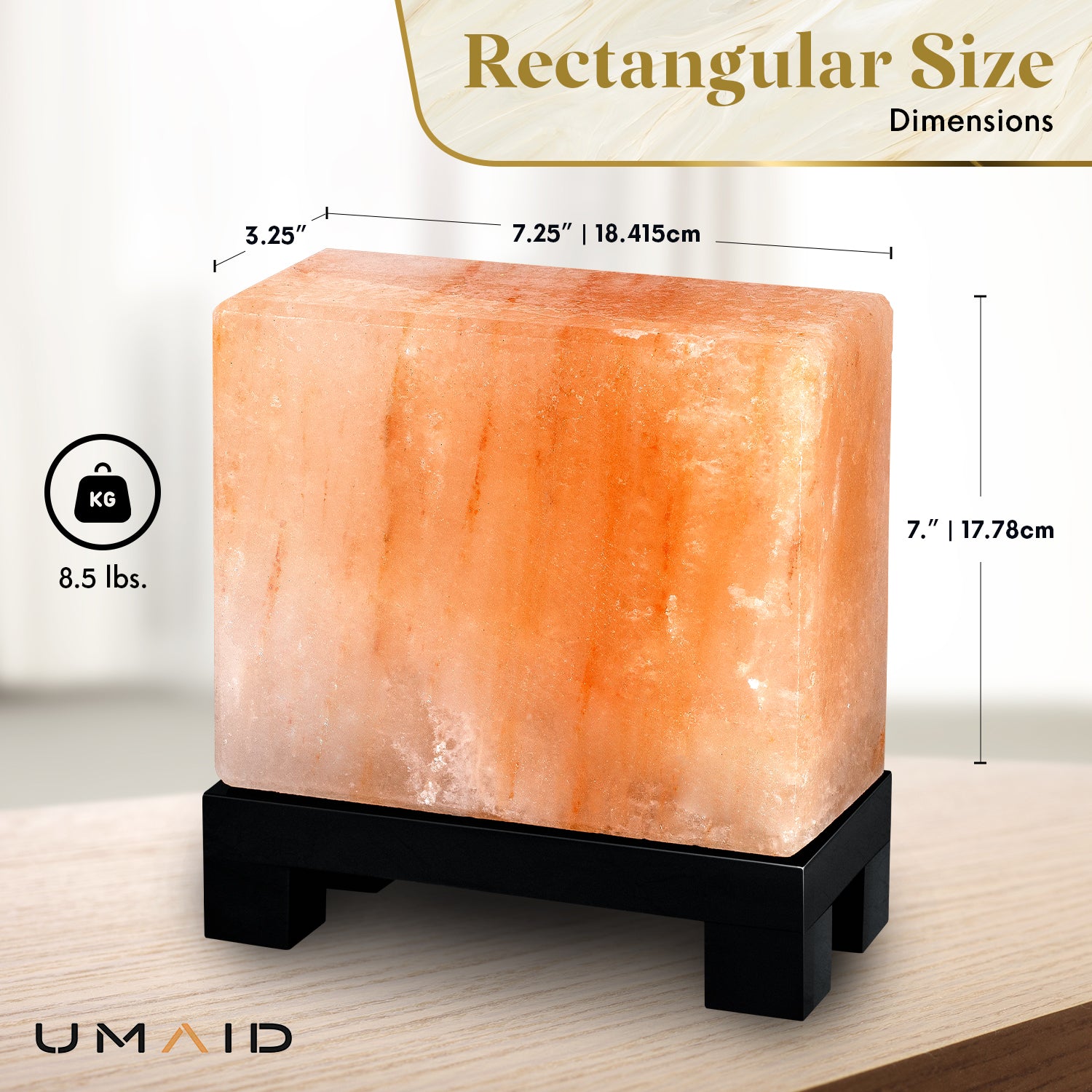 UMAID Authentic Natural Himalayan Salt Lamp, hand-carved with a stylish wood base, emitting a warm glow.