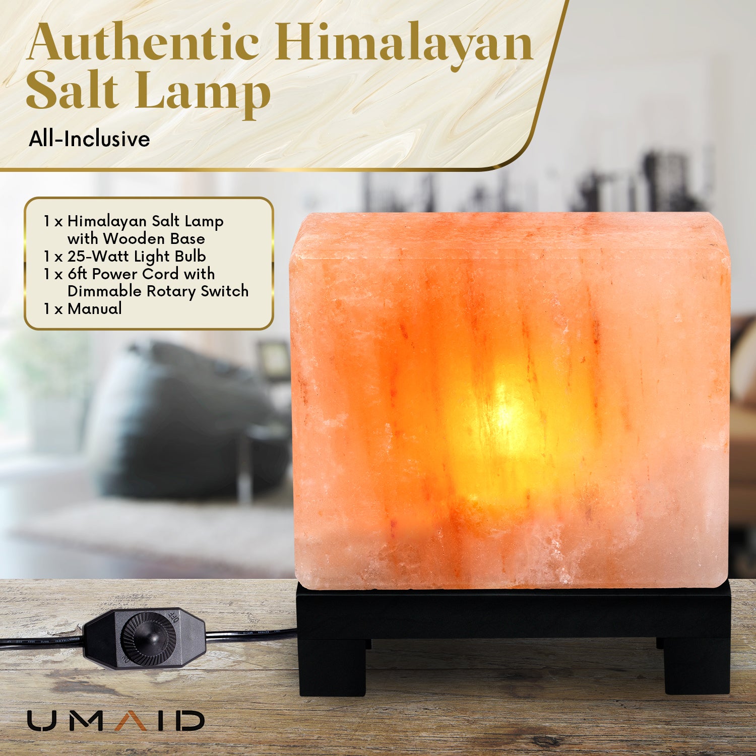 UMAID Authentic Natural Himalayan Salt Lamp, hand-carved with a stylish wood base, emitting a warm glow.