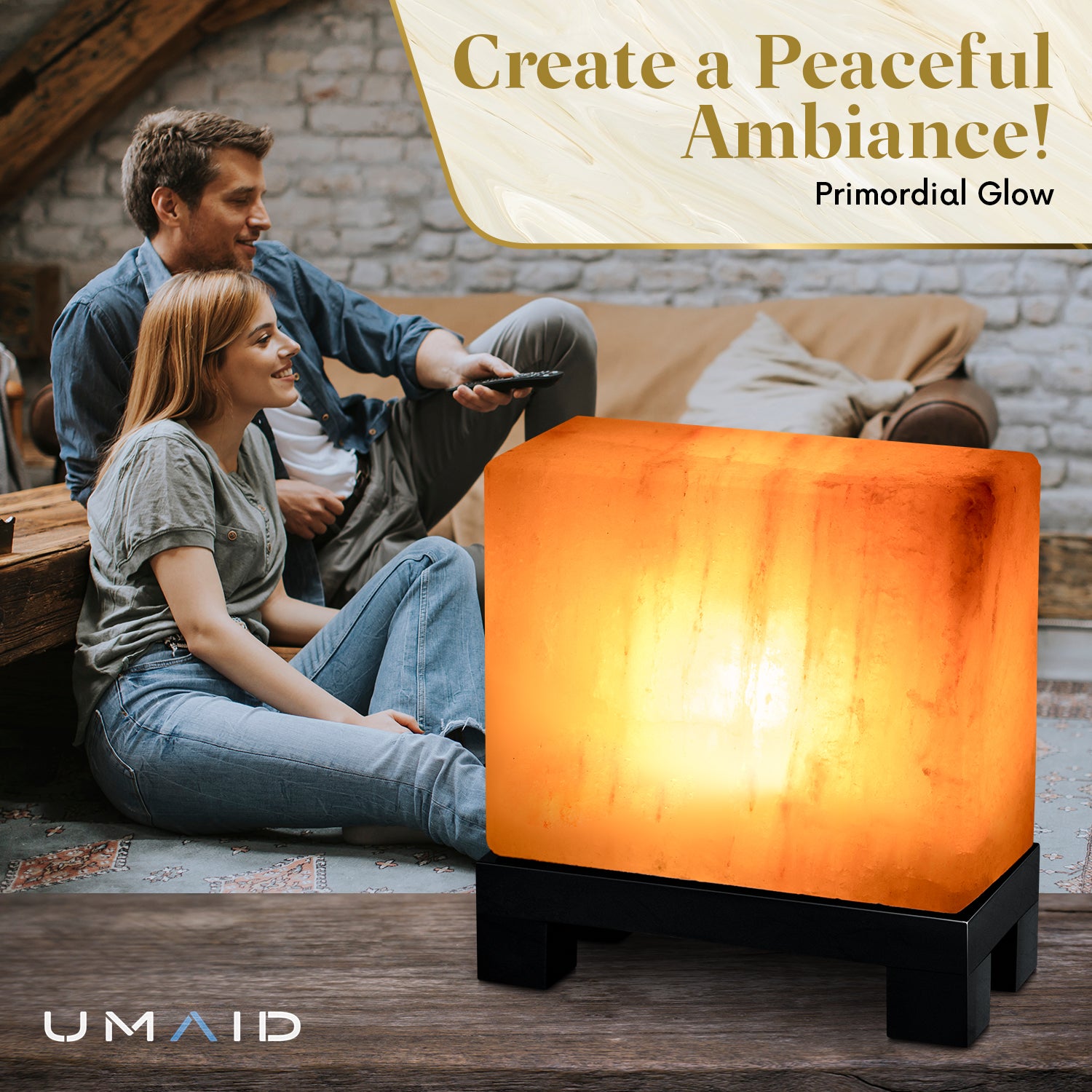 UMAID Authentic Natural Himalayan Salt Lamp, hand-carved with a stylish wood base, emitting a warm glow.