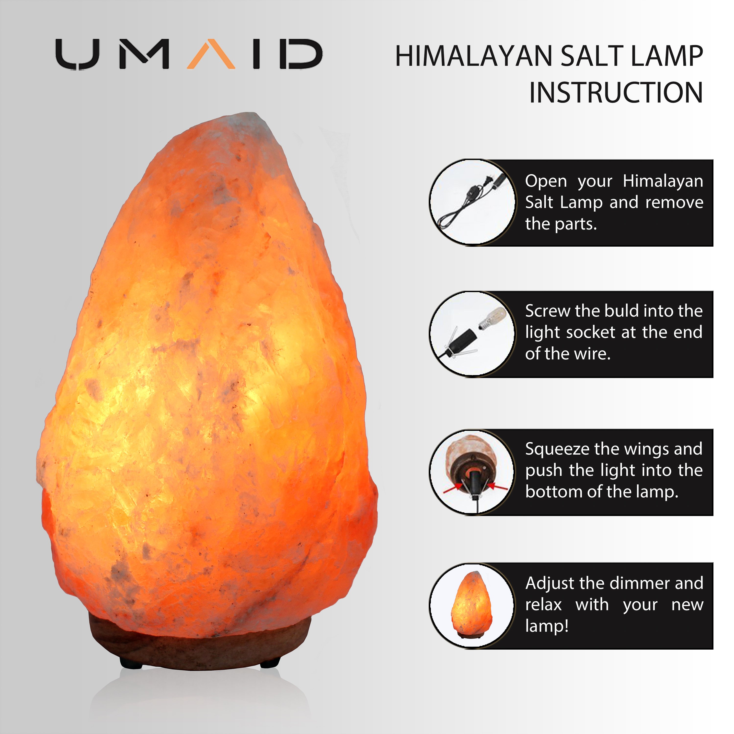 UMAID Himalayan Salt Lamp with a warm glow, set on a sturdy neem wooden base, showcasing its natural beauty and calming ambiance.