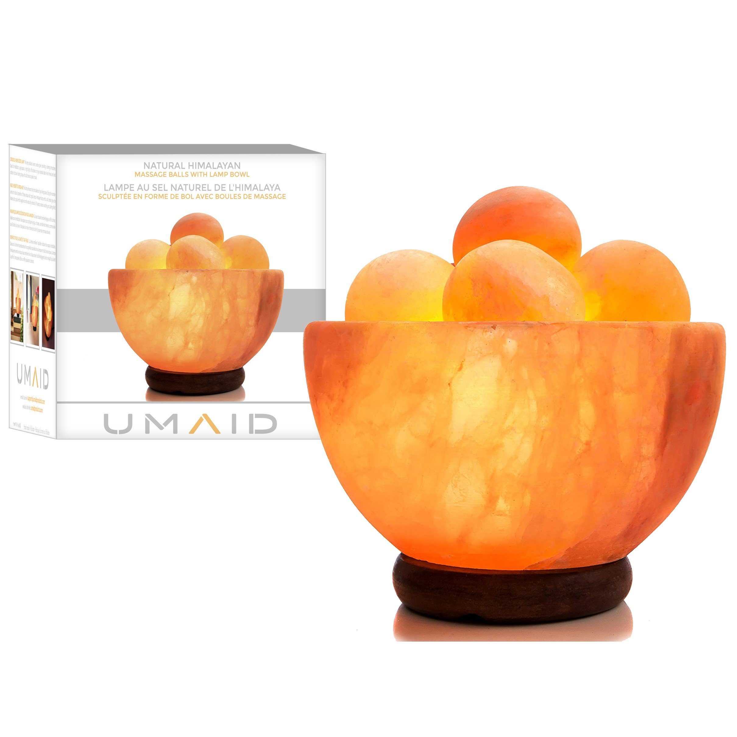 UMAID Natural Himalayan Rock Sea Salt Lamp Bowl with 6 heated massage balls, showcasing a warm amber glow and handcrafted design.