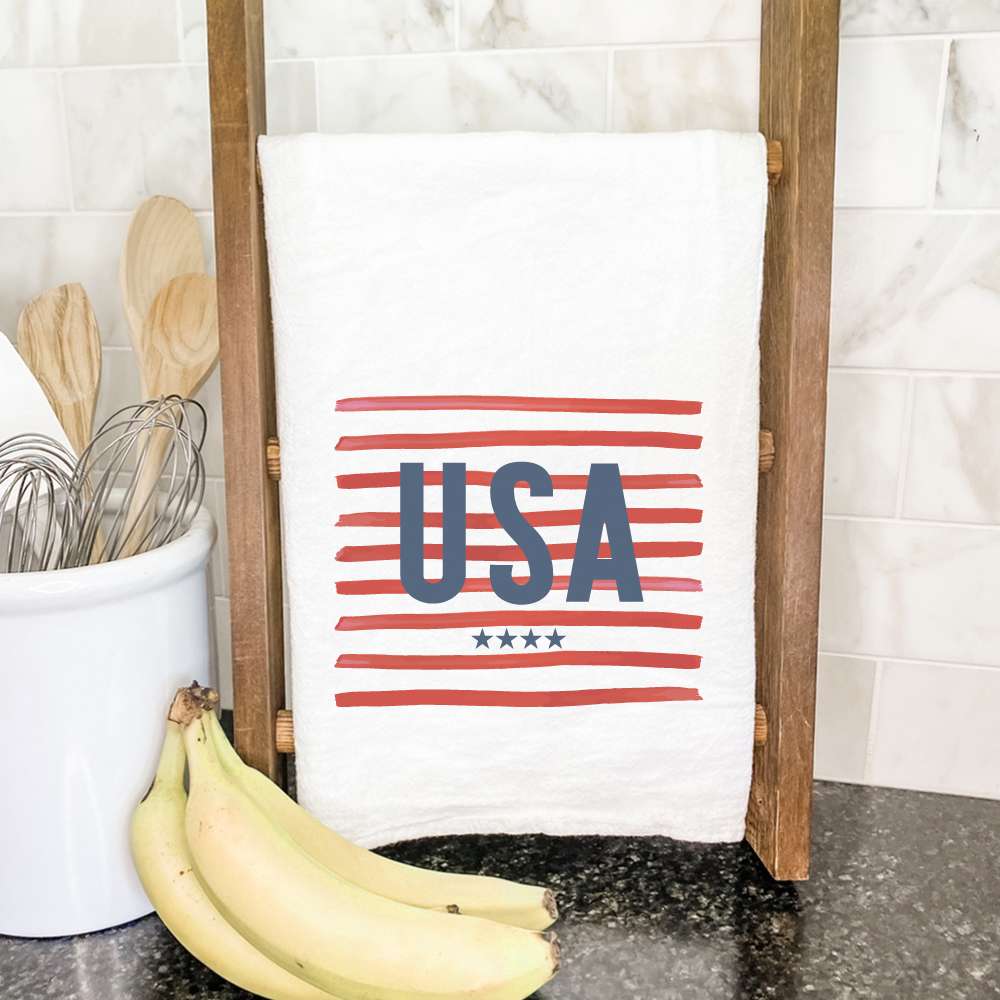 USA Cotton Tea Towel featuring vibrant designs, made from 100% absorbent cotton, measuring 27 inches square.