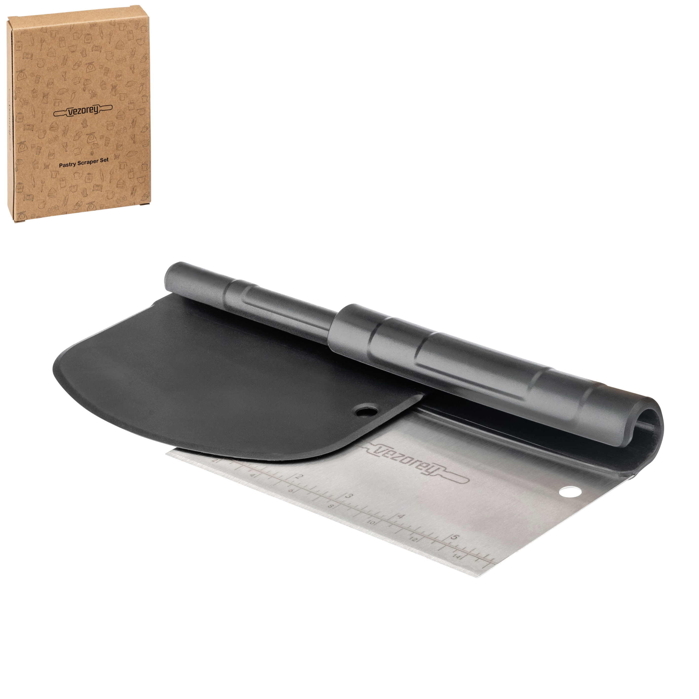 VEZOREY® Teigschaber Set featuring a flexible dough scraper and portioner, made from stainless steel and BPA-free plastic.