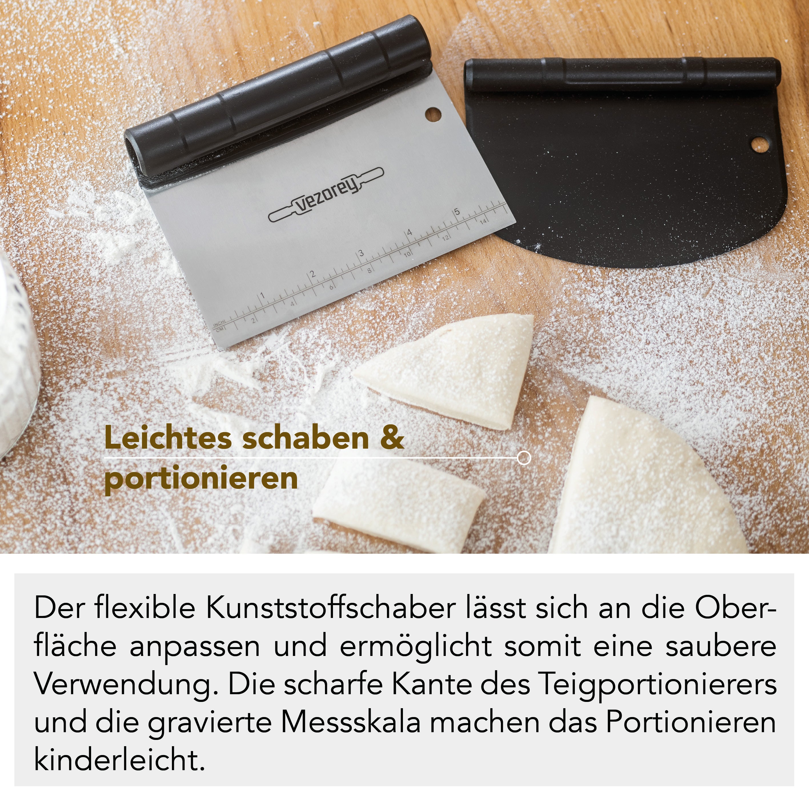 VEZOREY® Teigschaber Set featuring a flexible dough scraper and portioner, made from stainless steel and BPA-free plastic.