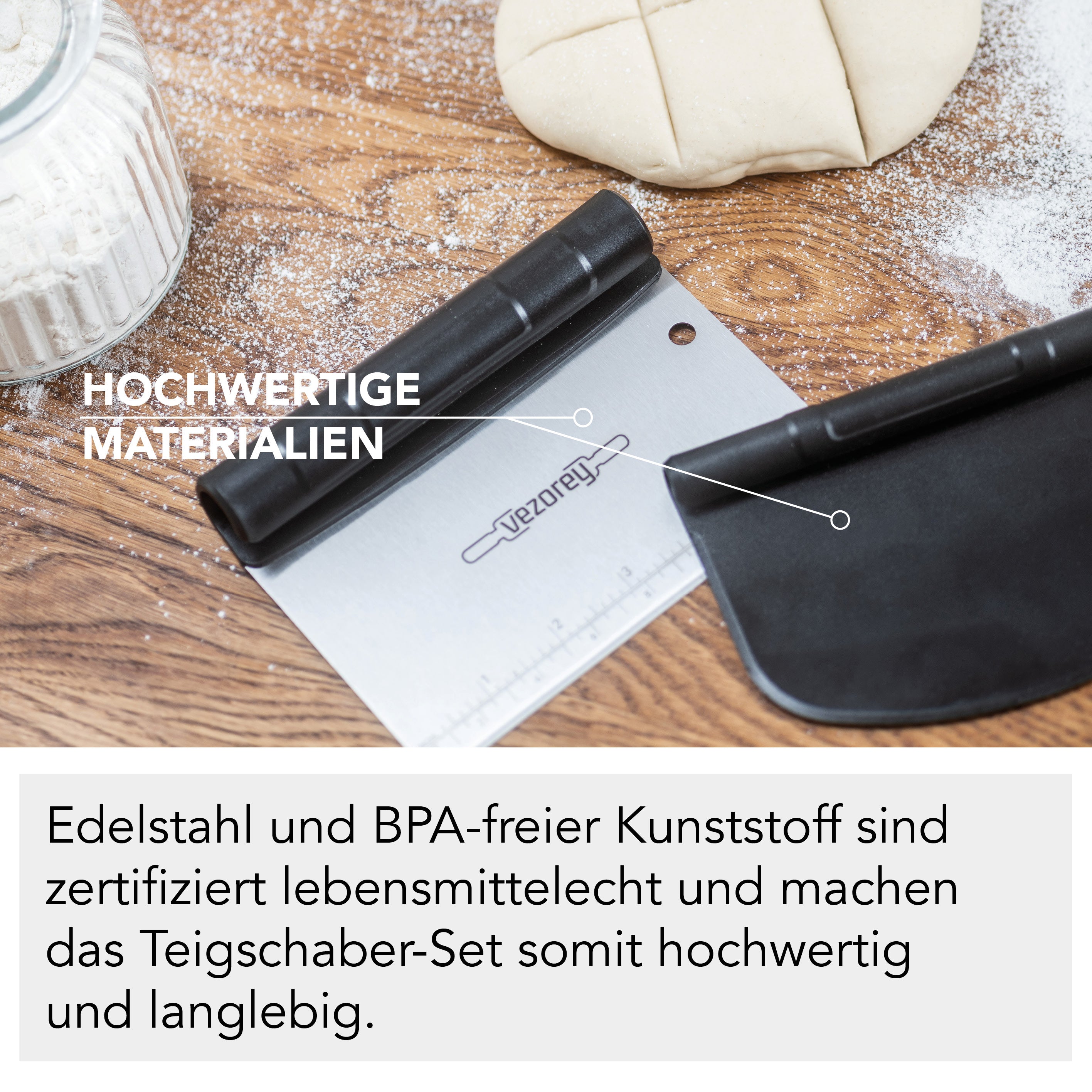 VEZOREY® Teigschaber Set featuring a flexible dough scraper and portioner, made from stainless steel and BPA-free plastic.