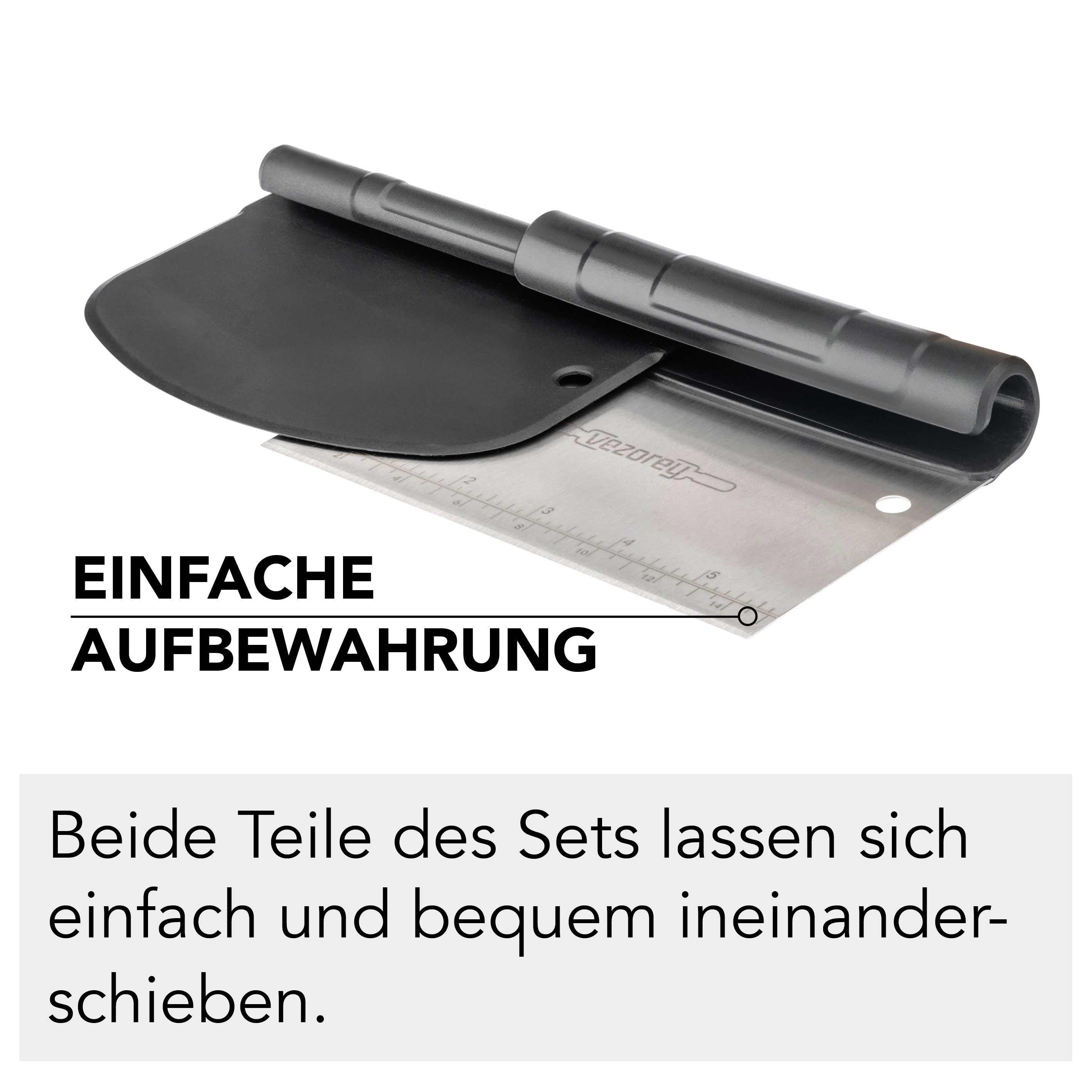 VEZOREY® Teigschaber Set featuring a flexible dough scraper and portioner, made from stainless steel and BPA-free plastic.