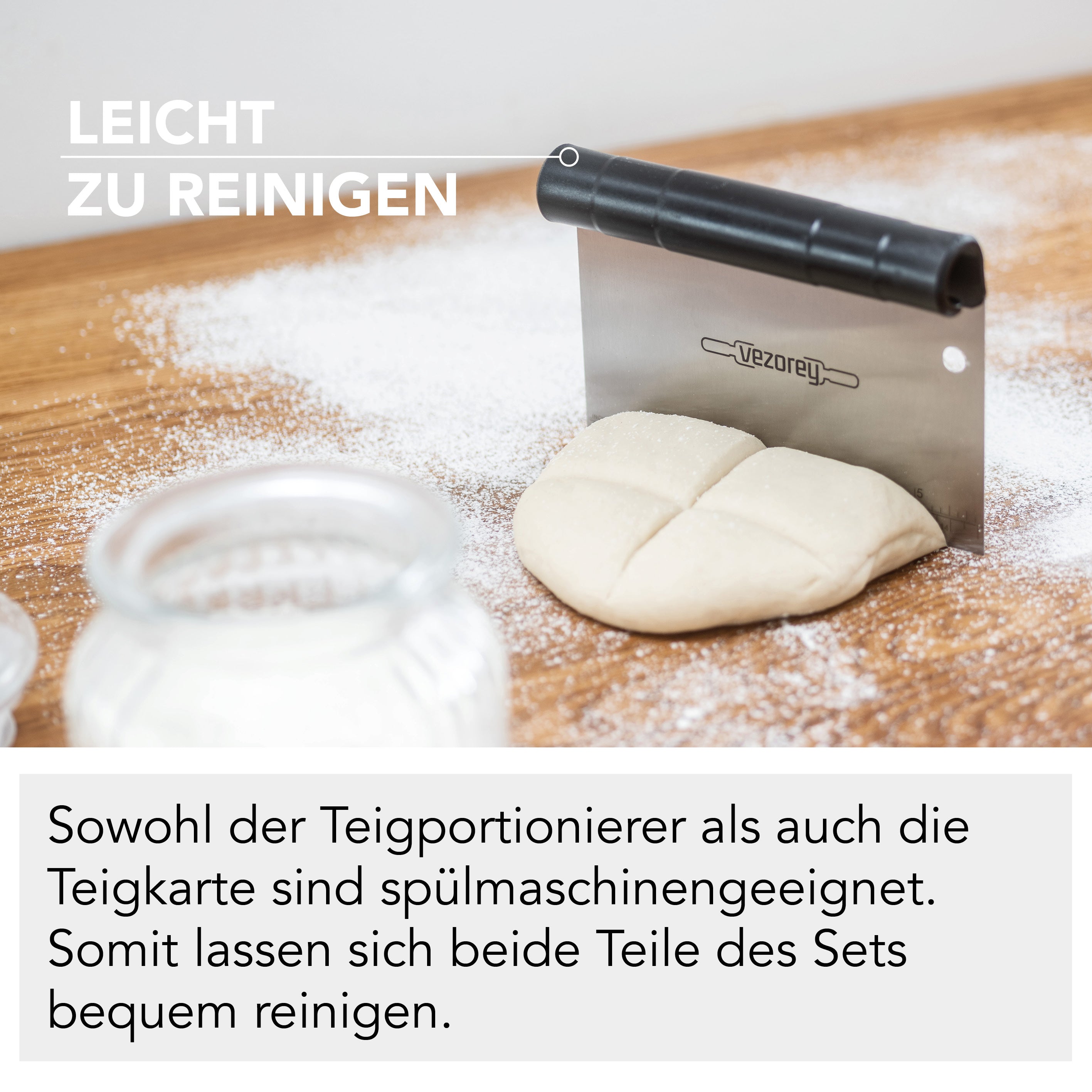 VEZOREY® Teigschaber Set featuring a flexible dough scraper and portioner, made from stainless steel and BPA-free plastic.