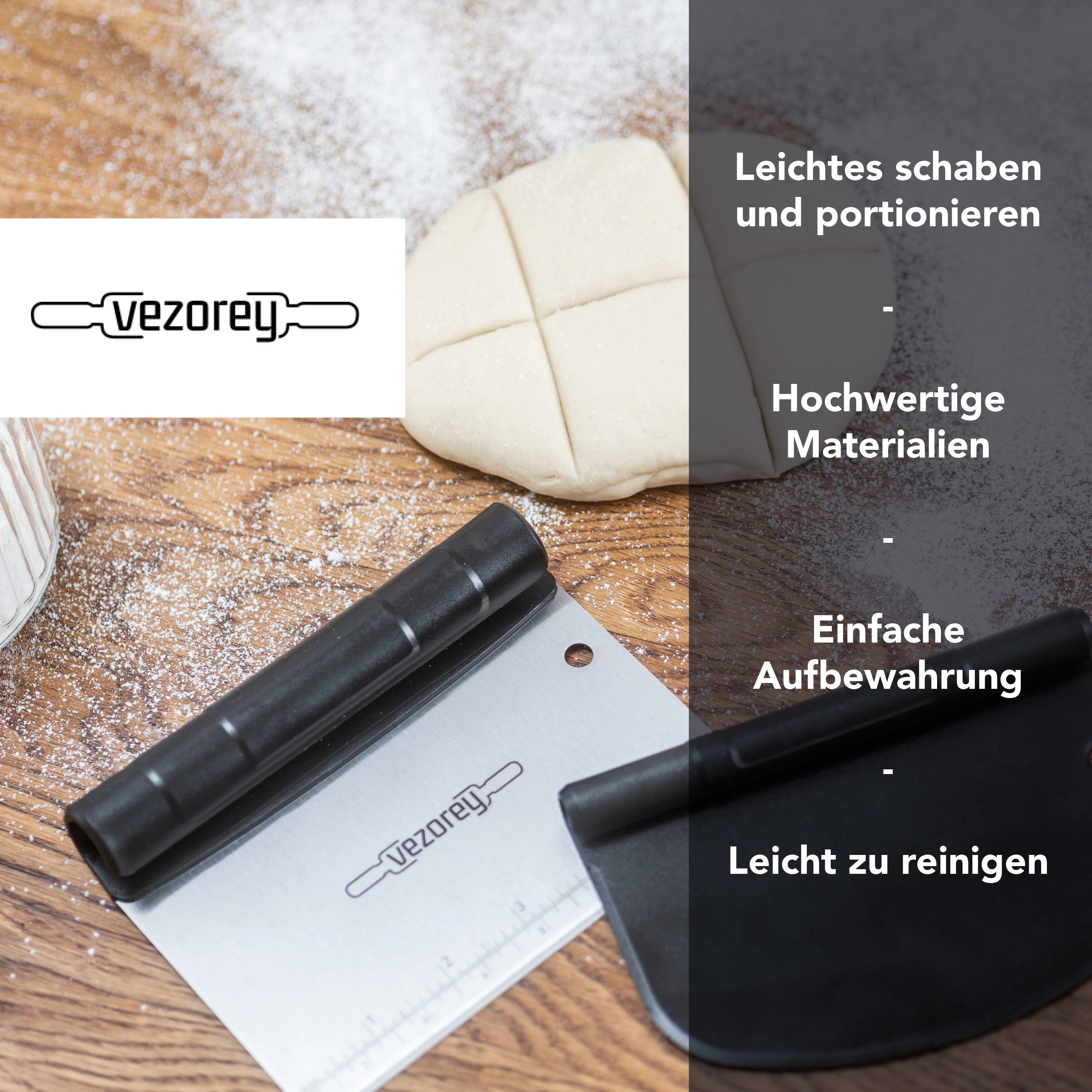 VEZOREY® Teigschaber Set featuring a flexible dough scraper and portioner, made from stainless steel and BPA-free plastic.