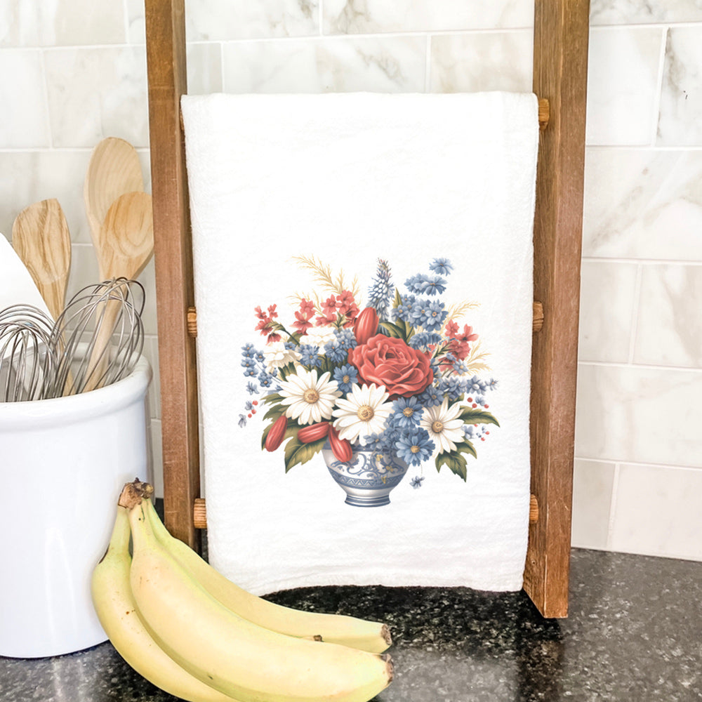 Vintage Daisy Vase cotton tea towel featuring a charming floral design, made from 100% absorbent cotton with hemmed edges.