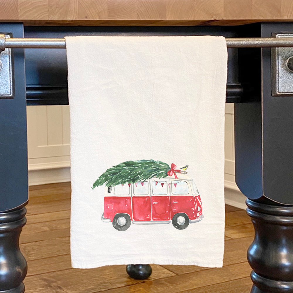 Vintage Van with Tree cotton tea towel featuring a charming design, made from absorbent 100% cotton.