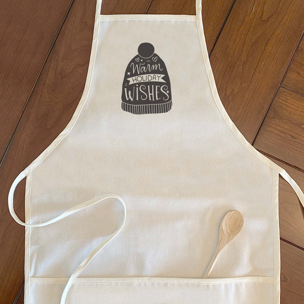 Warm Holiday Wishes Women's Apron featuring elegant design, adjustable neck, and divided front pocket, made from durable cotton canvas.