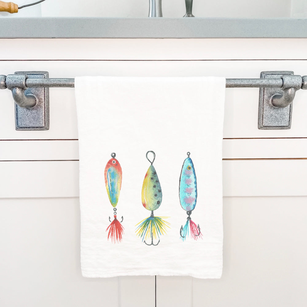 A vibrant Watercolor Bait Cotton Tea Towel featuring a beautiful watercolor design, perfect for kitchen use.