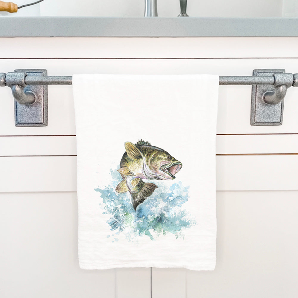 A vibrant watercolor bass design on a 100% cotton tea towel, showcasing its absorbent and durable fabric.