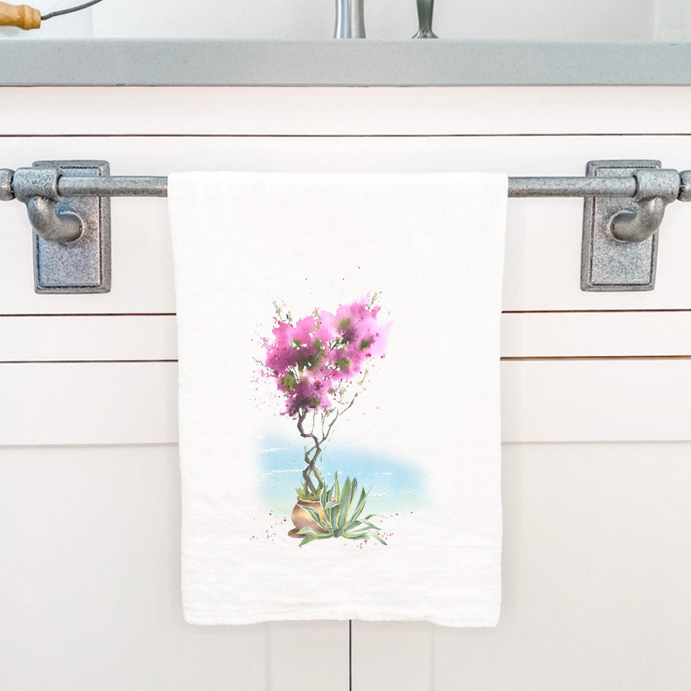 A vibrant Watercolor Bougainvillea cotton tea towel featuring a beautiful floral design, perfect for kitchen use.