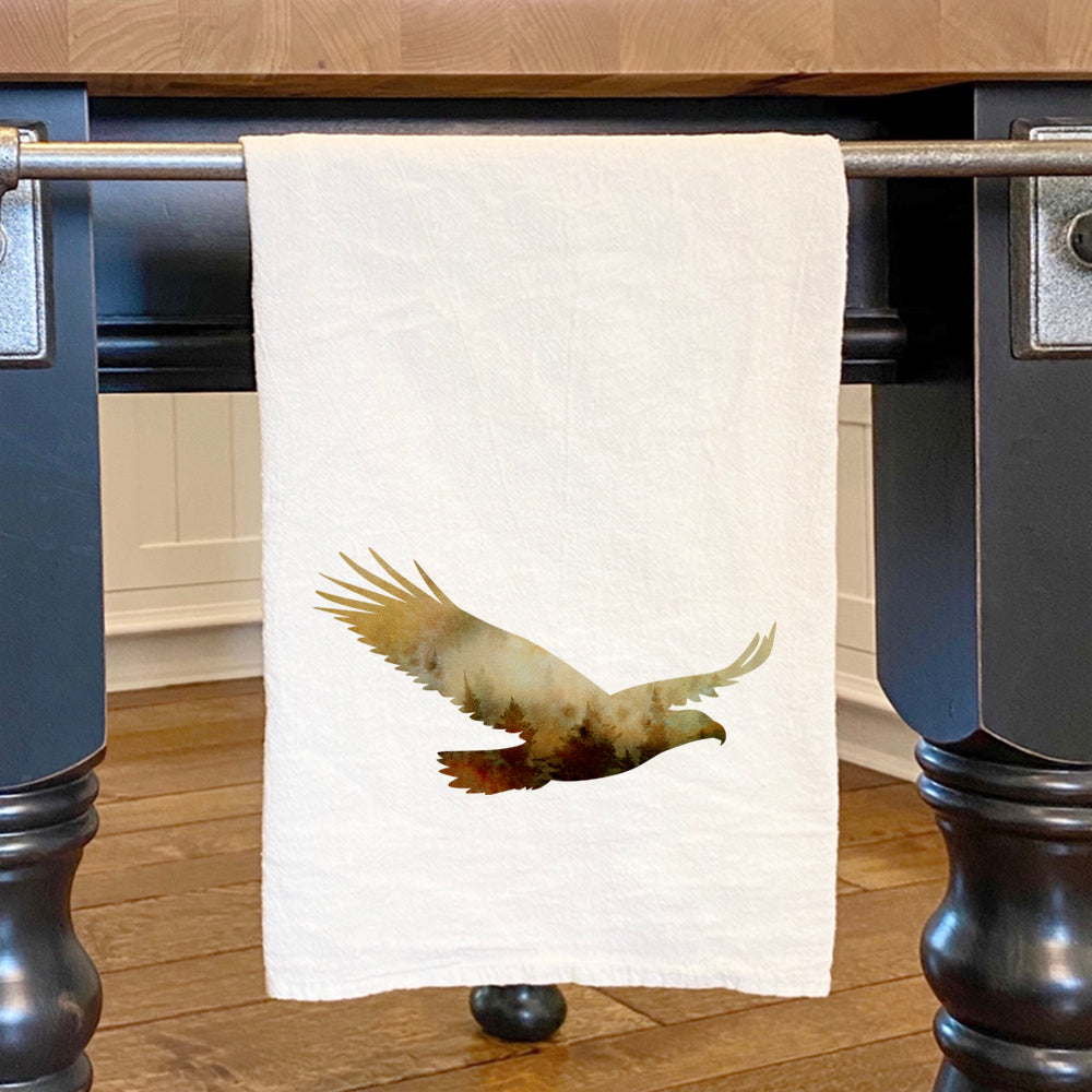 A vibrant Watercolor Eagle design on a 100% cotton tea towel, showcasing its absorbent fabric and hemmed edges.