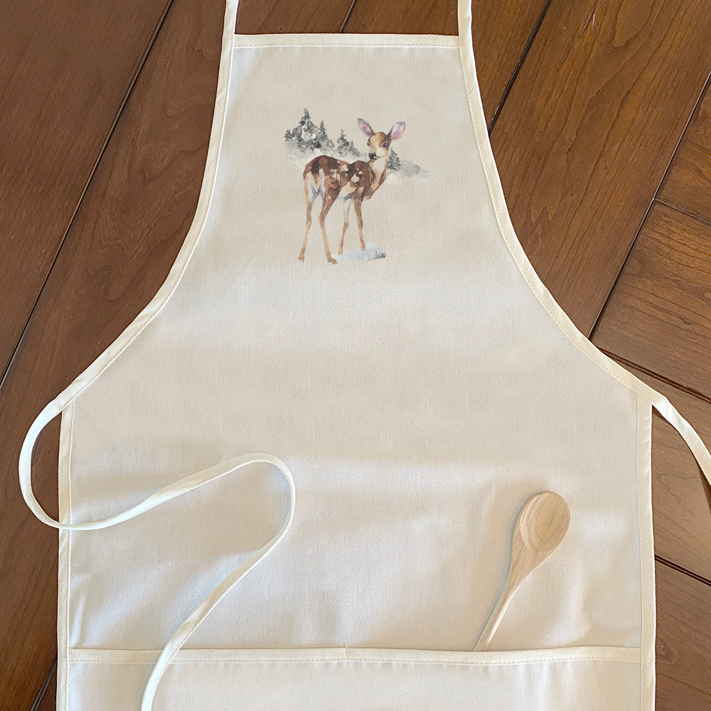 A stylish Watercolor Fawn Women's Apron featuring a beautiful watercolor design, adjustable neck strap, and divided front pocket.