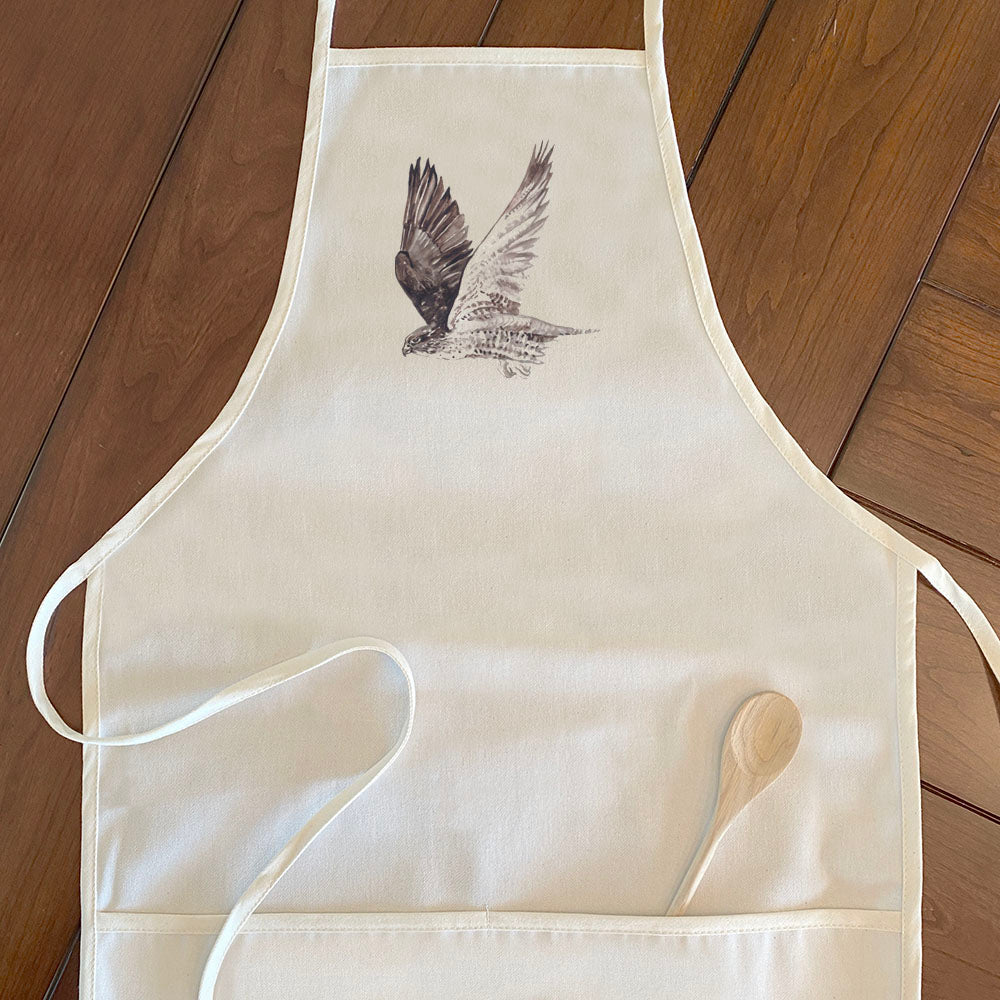 Watercolor Hawk Women's Apron featuring a unique watercolor design, made from durable cotton canvas with adjustable neck and twill ties.