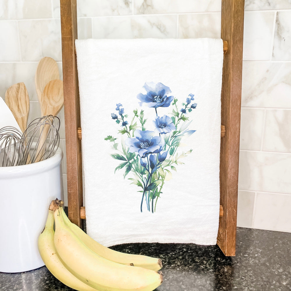 Watercolor Indigo Bouquet Cotton Tea Towel featuring vibrant floral design on absorbent fabric.