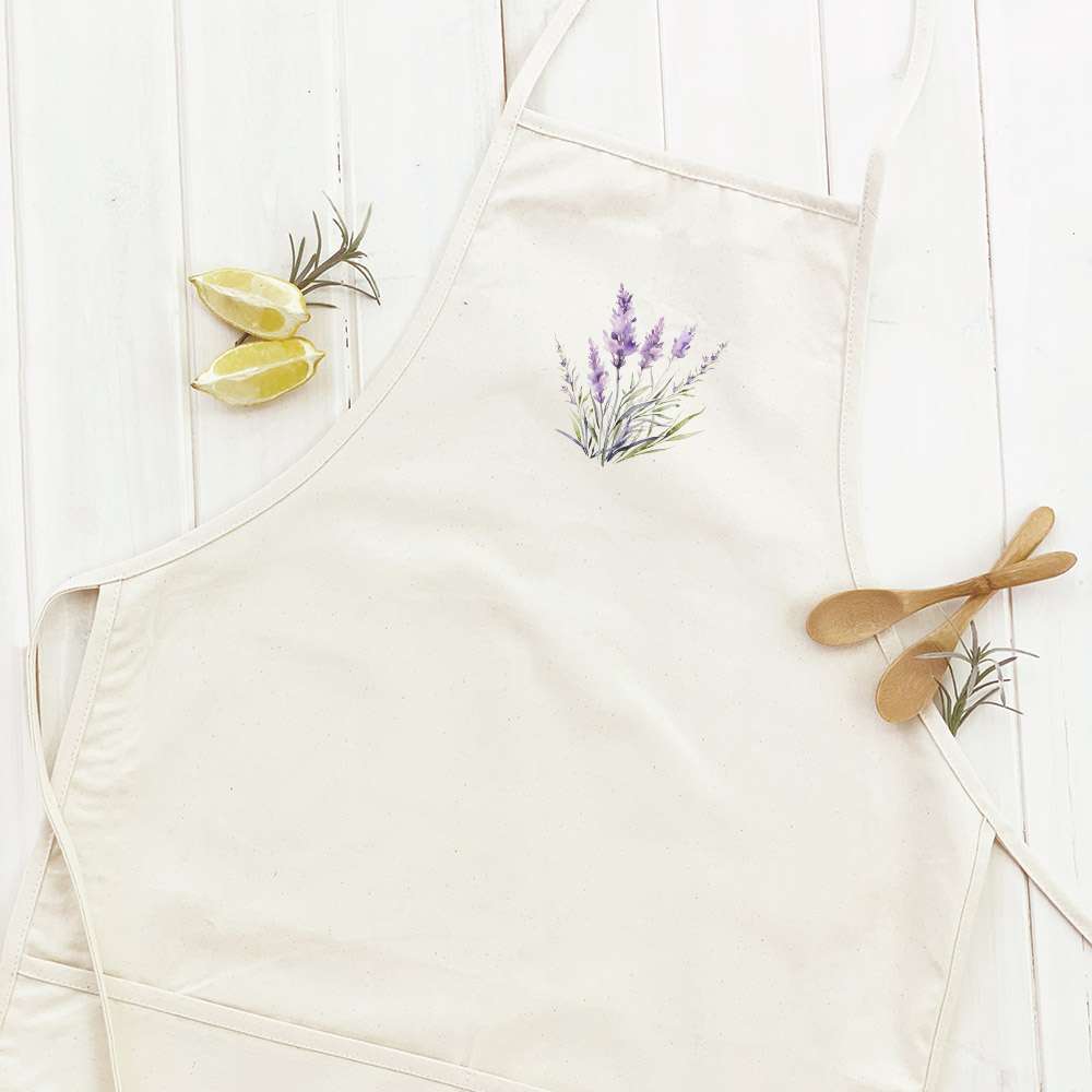 A stylish Watercolor Lavender Women's Apron featuring a beautiful lavender design, adjustable neck strap, and divided front pocket.