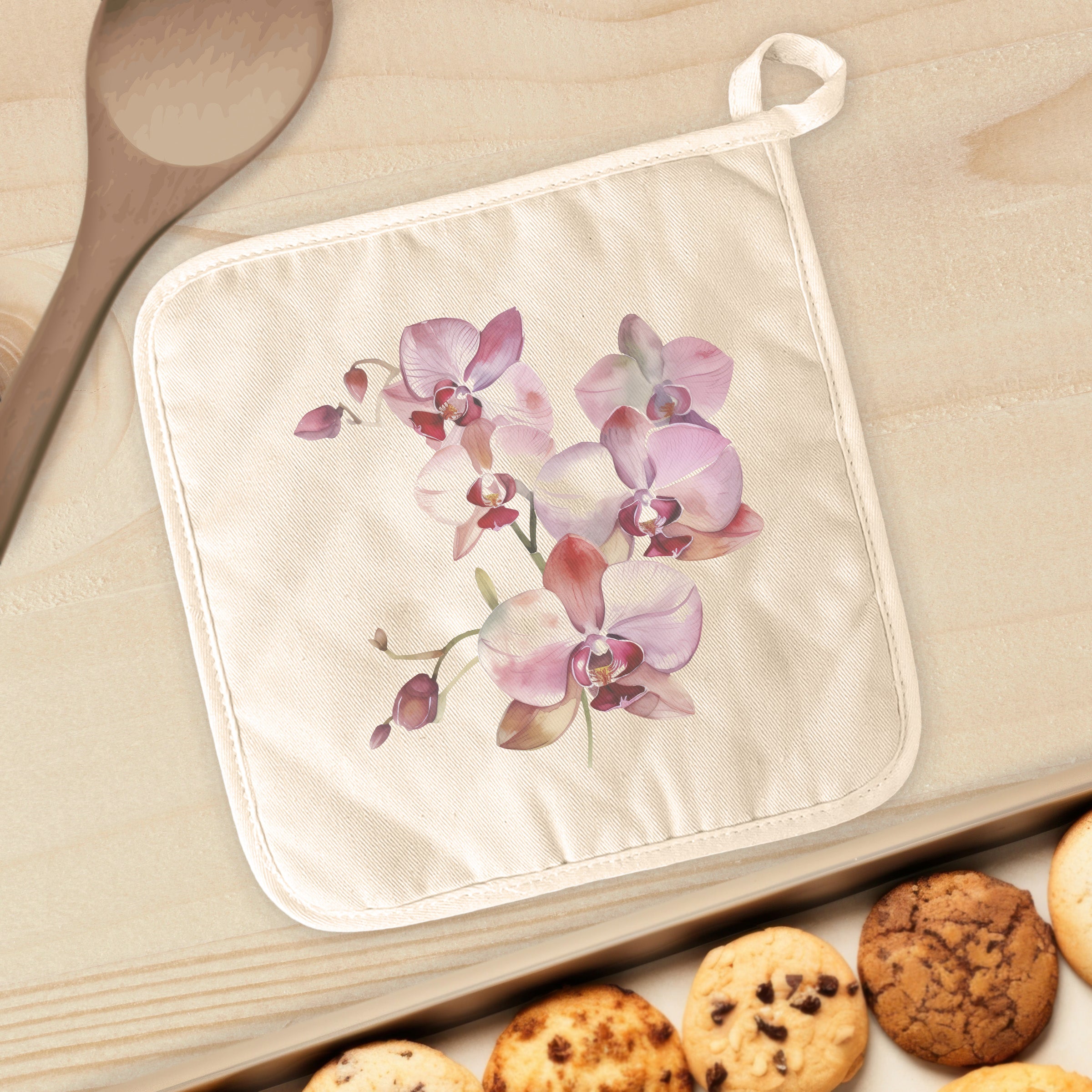 A vibrant Watercolor Orchid Blooms cotton pot holder featuring a beautiful floral design, perfect for protecting surfaces from hot cookware.