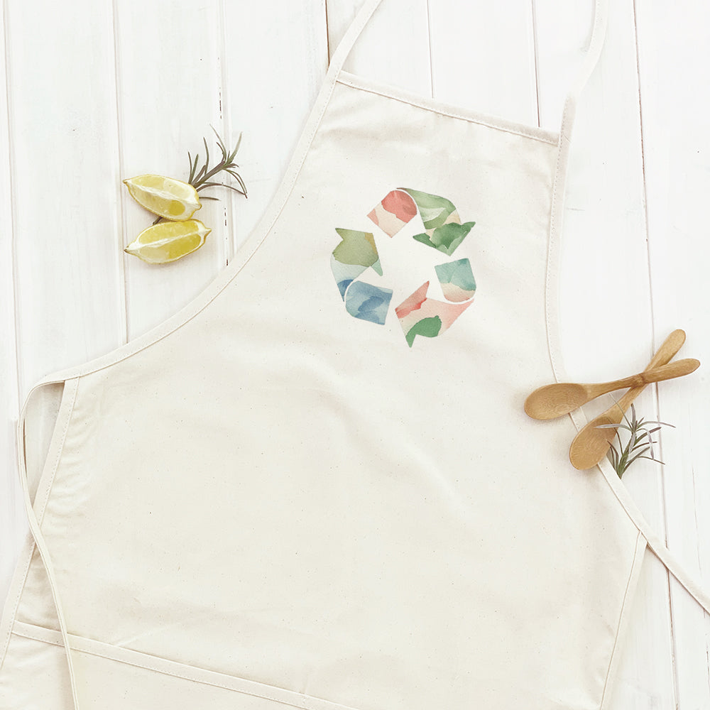 Watercolor Recycling Women's Apron featuring elegant design, cotton canvas fabric, and divided front pocket.