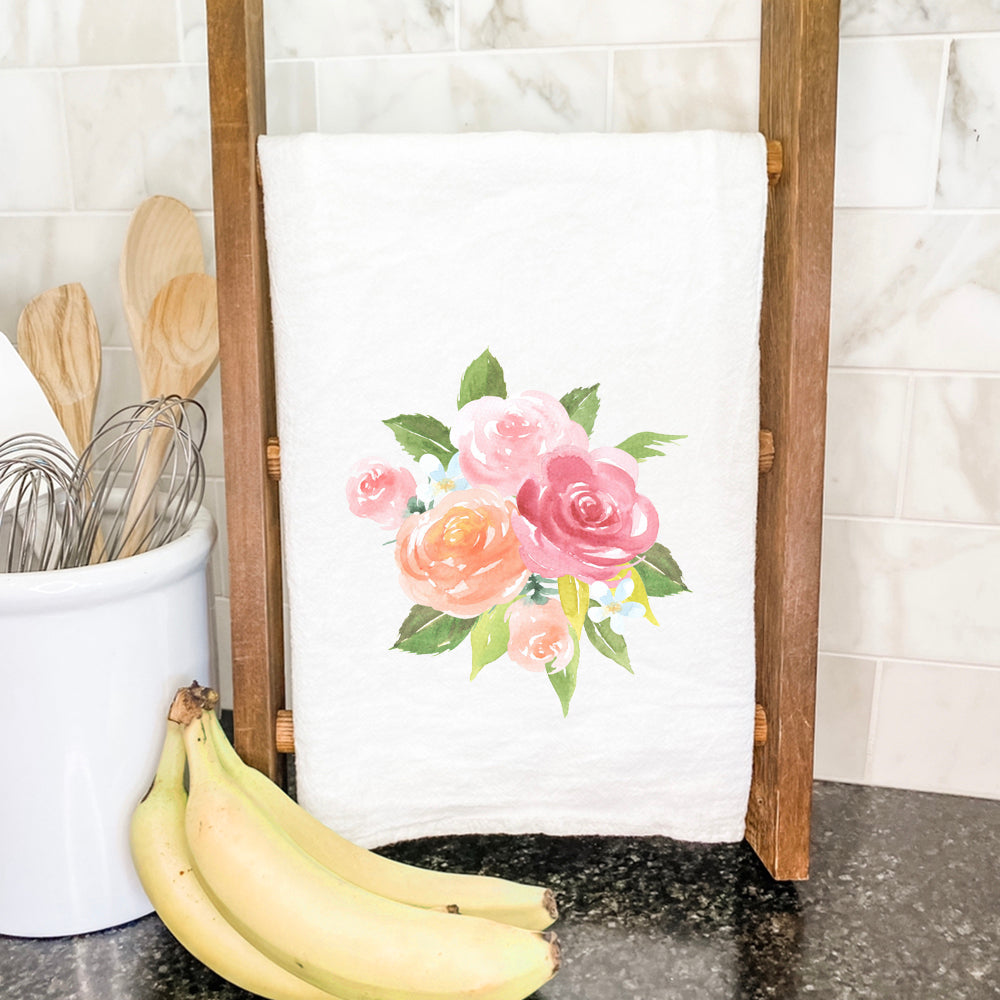 A vibrant Watercolor Rose Bouquet cotton tea towel featuring a beautiful floral design, perfect for kitchen use.