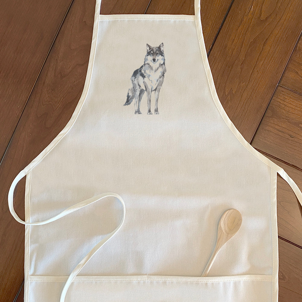 A stylish women's apron featuring a watercolor design of a standing wolf, made from durable cotton canvas with adjustable neck and twill ties.