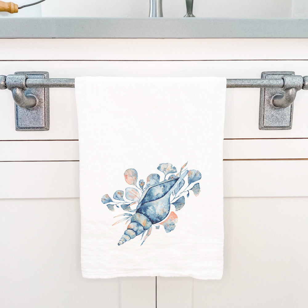 A vibrant Watercolor Tulip Shell cotton tea towel featuring a beautiful floral design, perfect for kitchen use.