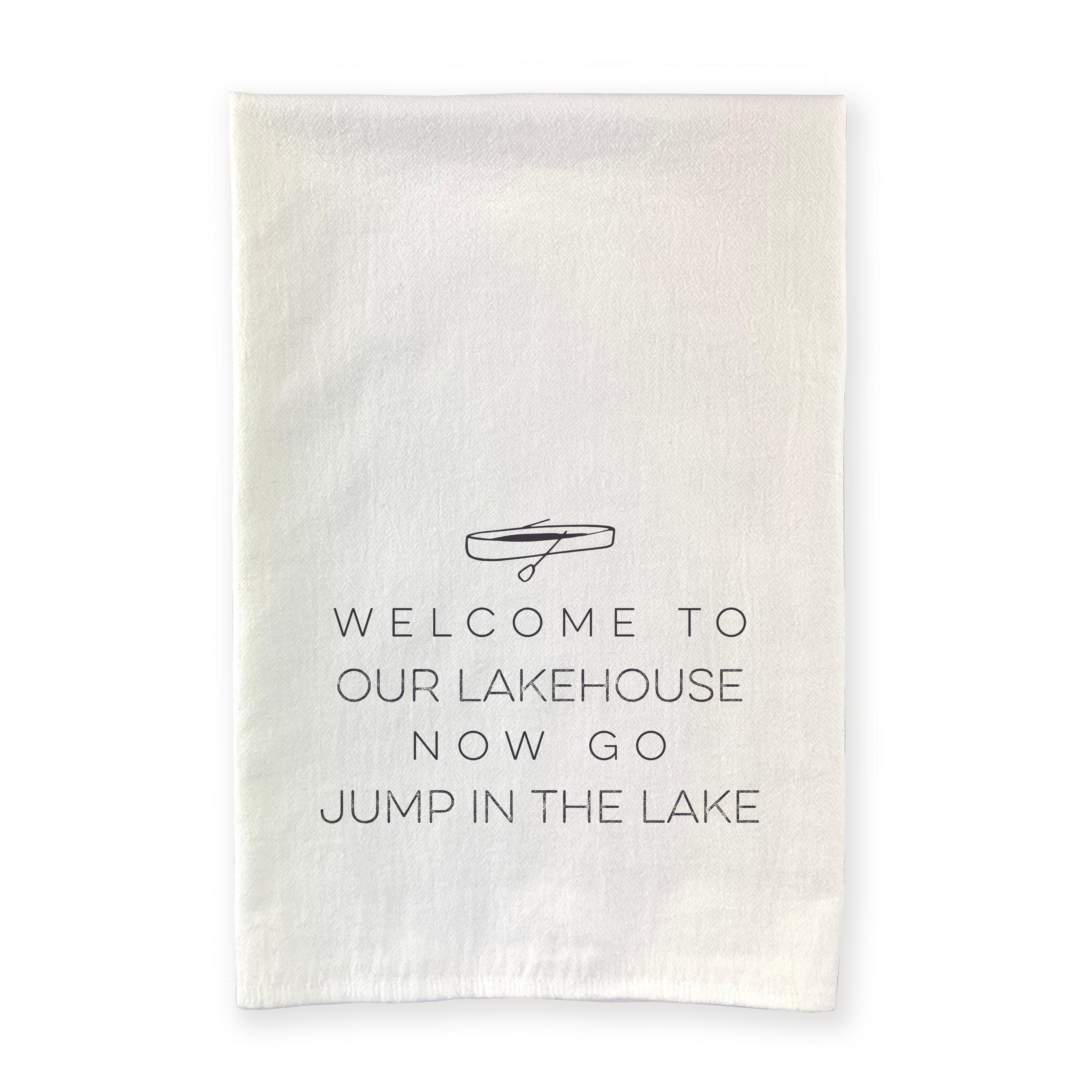 Welcome Lakehouse Cotton Tea Towel featuring a vibrant canoe design, made from 100% absorbent cotton.