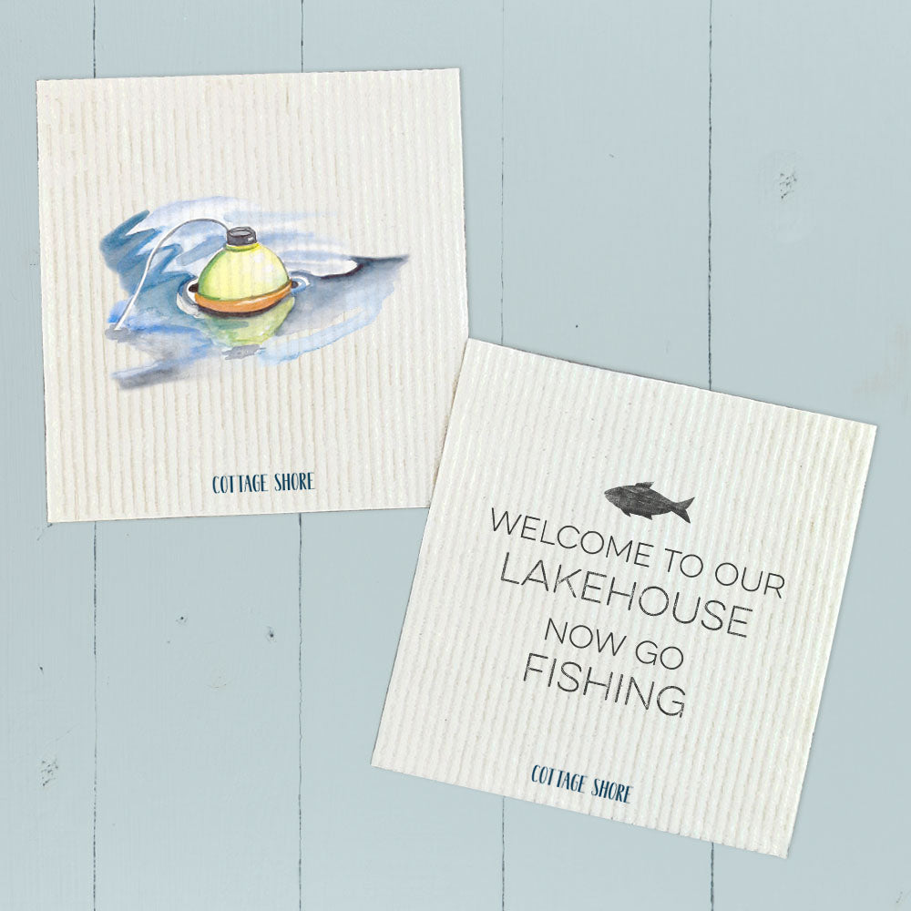 Two Swedish dishcloths featuring fish designs, eco-friendly and compostable, perfect for kitchen cleaning.