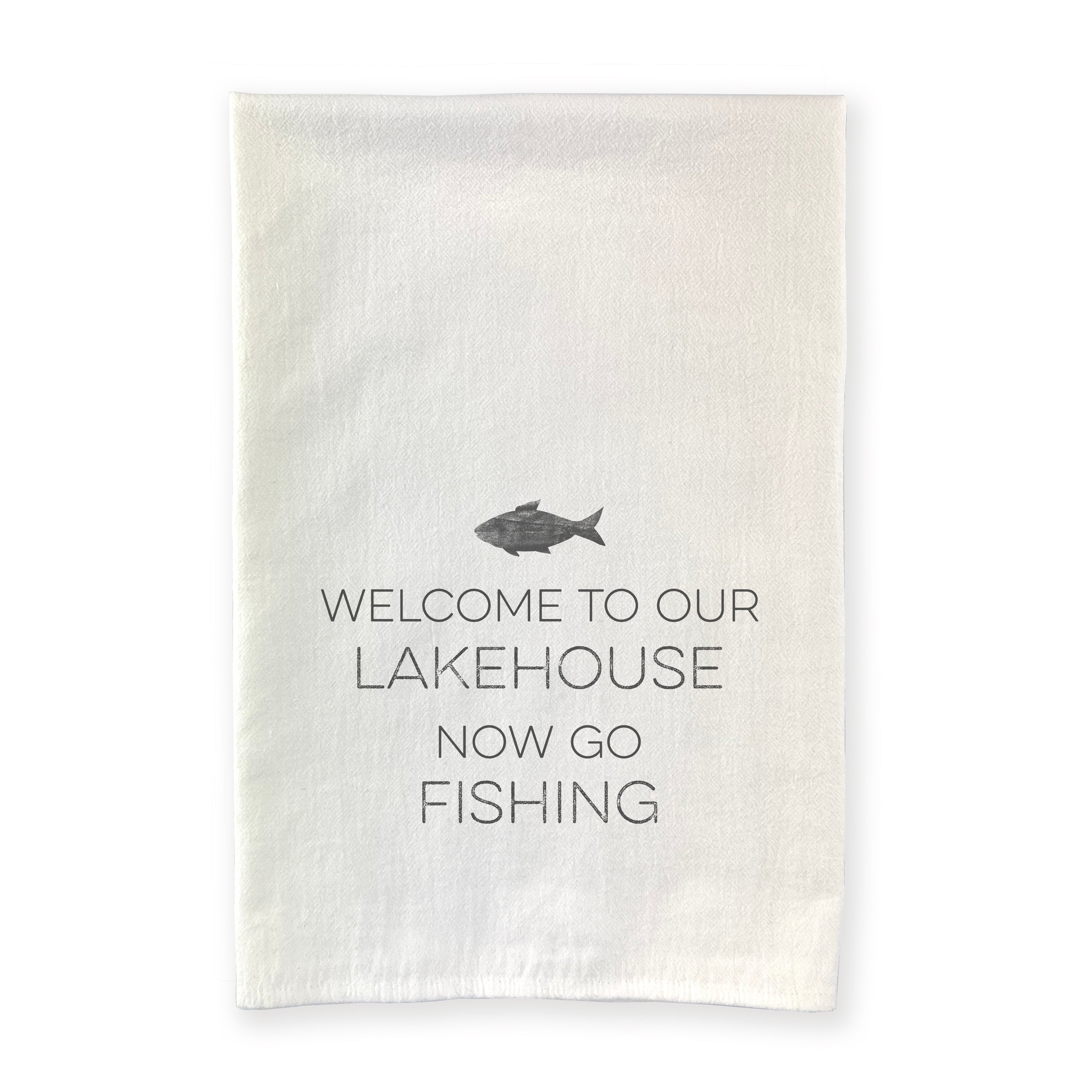 Welcome Lakehouse Cotton Tea Towel featuring a vibrant lakehouse fish design, made from 100% absorbent cotton.